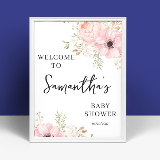 Affiche de bienvenue Baby shower rose florale fill