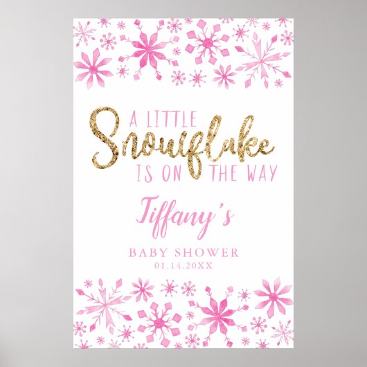 Affiche de bienvenue Baby shower rose Little Snowf (Devant)