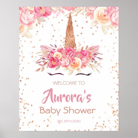Affiche de bienvenue Baby shower Unicorn rose (Devant)