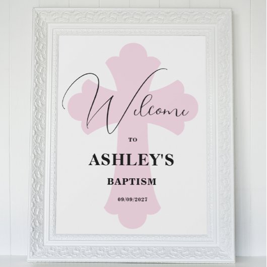 Affiche de bienvenue Baptême croisée rose clair
