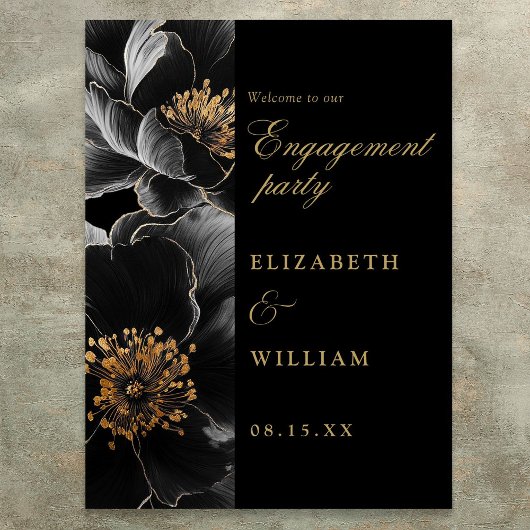 Affiche de bienvenue Black Gold Floral Engagement 