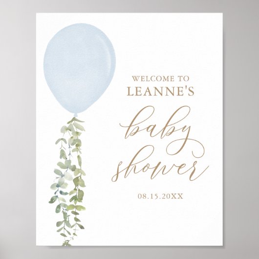 Affiche de bienvenue Bleu Baby shower Eucalyptus (Devant)