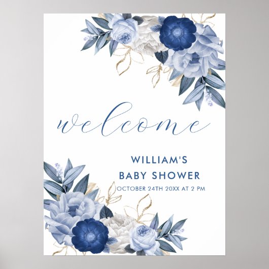 Affiche de bienvenue Bleu Blanc Floral Baby shower (Devant)