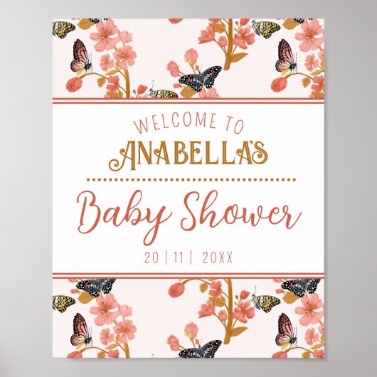 Affiche de bienvenue de Baby shower de papillon ro (Devant)