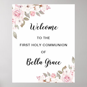 Affiche de bienvenue de la première communion rose