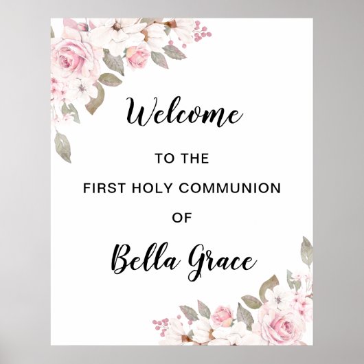 Affiche de bienvenue de la première communion rose (Devant)