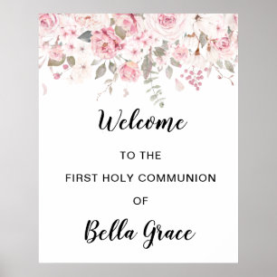 Affiche de bienvenue de la première communion rose