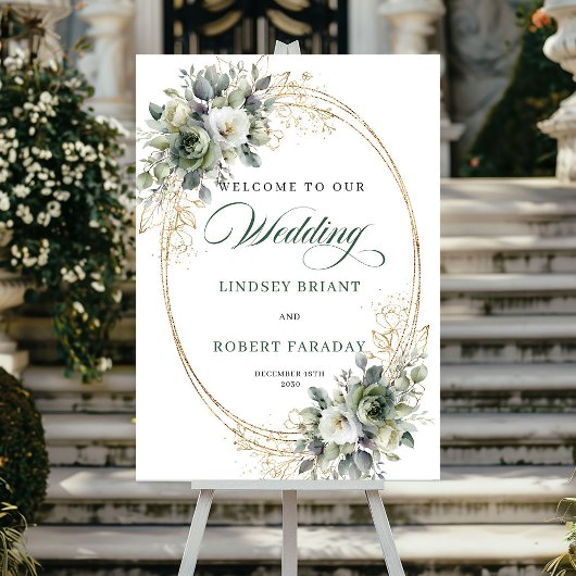 Affiche de bienvenue de mariage à feuillage vert c