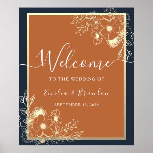 Affiche de bienvenue de mariage à fleurs dorées (Devant)