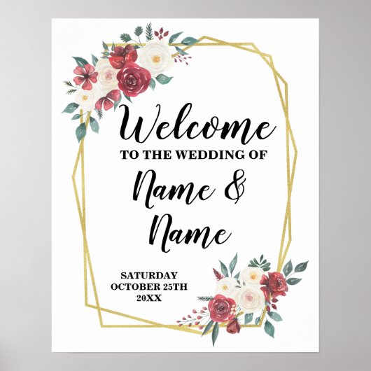 Affiche de bienvenue de mariage aquarelle rouge cr (Devant)