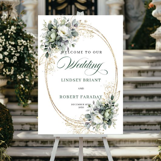 Affiche de bienvenue de mariage aux roses blanches