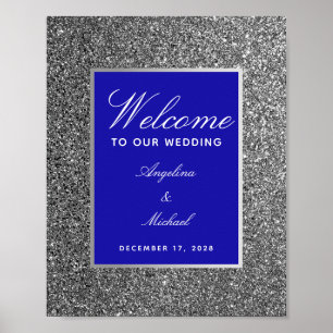 Affiche de bienvenue de mariage bleu royal argenté