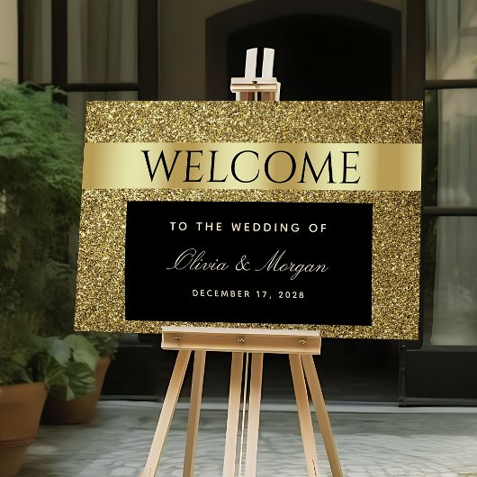 Affiche de bienvenue de mariage chic noir et or