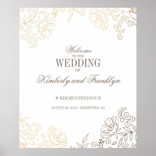 Affiche de bienvenue de mariage Floral Gold et Whi (Devant)