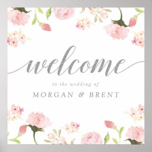 Affiche de bienvenue de Mariage floral rose et arg