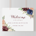 Affiche de bienvenue de Mariage Floral Rustic Gold<br><div class="desc">Ce panneau d'accueil fleuri feuille d'or rustique est parfait pour un mariage simple. Le design se compose de l'aquarelle dessinée à la main violet, marine, rousse, bordeaux, fleurs marines, feuilles verts et or, ornant un cadre géométrique élégant. Faites de cette affiche votre propre en ajoutant le nom de la mariée...</div>