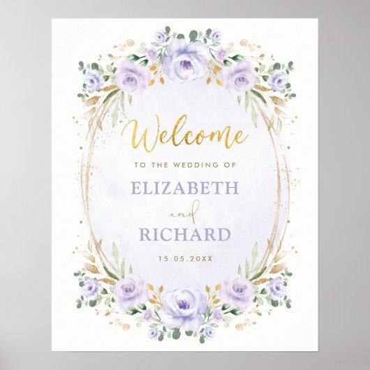 Affiche de bienvenue de mariage floral violet or é (Devant)