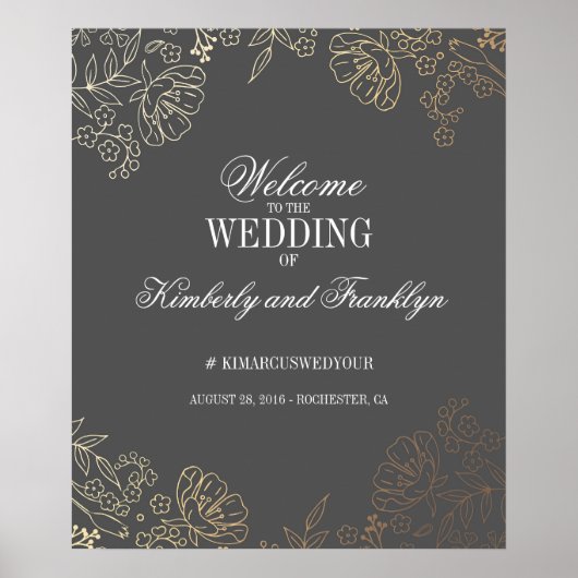 Affiche de bienvenue de mariage florale d'or et de (Devant)