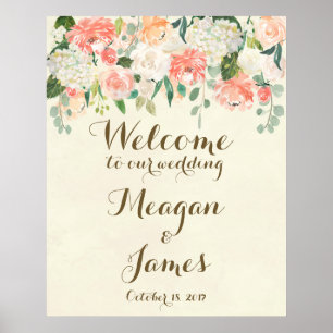 affiche de bienvenue de mariage florale pêche