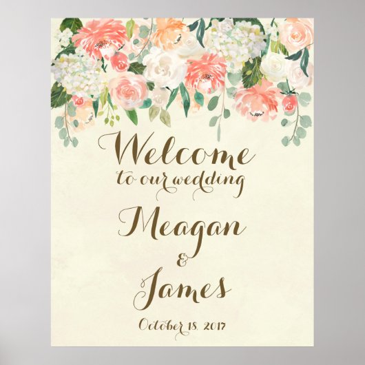 affiche de bienvenue de mariage florale pêche (Devant)