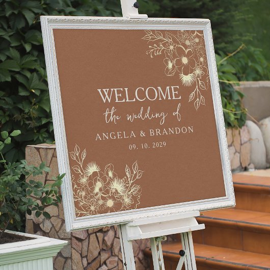 Affiche de bienvenue de mariage orange brûlé aux f