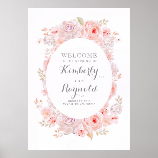 Affiche de bienvenue de mariage rose florale éléga (Devant)
