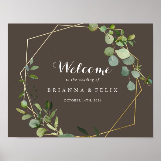 Affiche de bienvenue de Mariage vert Brown d'or gé (Devant)