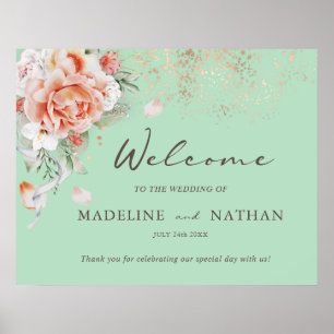 Affiche de bienvenue de mariage vert menthe et flo