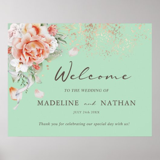 Affiche de bienvenue de mariage vert menthe et flo (Devant)