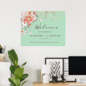 Affiche de bienvenue de mariage vert menthe et flo (Bureau à domicile)
