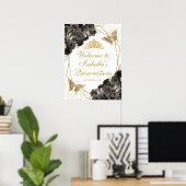 Affiche de bienvenue de Quinceanera Florale Noir e (Bureau à domicile)