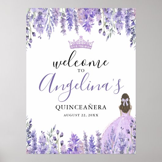 Affiche de bienvenue de Quinceanera florale violet (Devant)