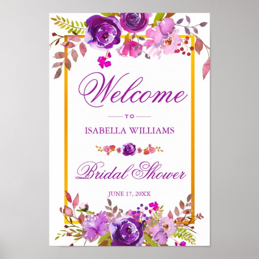 Affiche de bienvenue | Élégant Chic Gold Purple Fl (Devant)