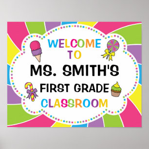 Affiche de bienvenue en classe dans le thème Candy