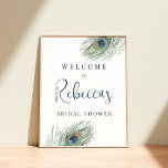 Affiche de bienvenue Fête des mariées Peacock Feat<br><div class="desc">Un signe de bienvenue chic et boho conçu pour s'adapter à nos invitations à la douche nuptiale Watercolor Peacock Feather,  avec une paire de plumes paon encadrant votre texte personnalisé dans des tons élégants d'indigo.</div>