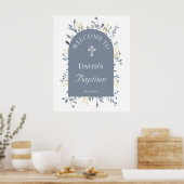 Affiche de bienvenue feuillage bleu baptême (Cuisine)