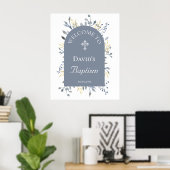 Affiche de bienvenue feuillage bleu baptême (Bureau à domicile)