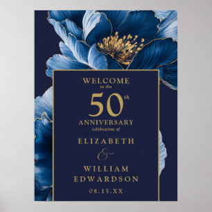 Affiche de bienvenue Florale Bleue Et Or 50e Anniv