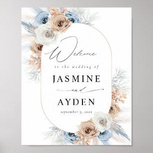 Affiche de bienvenue Florale Boho Bleu et Beige