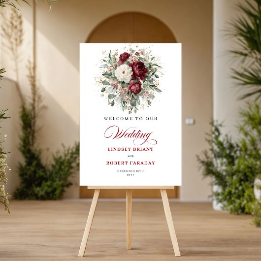 Affiche de bienvenue florale rouge profond de roma