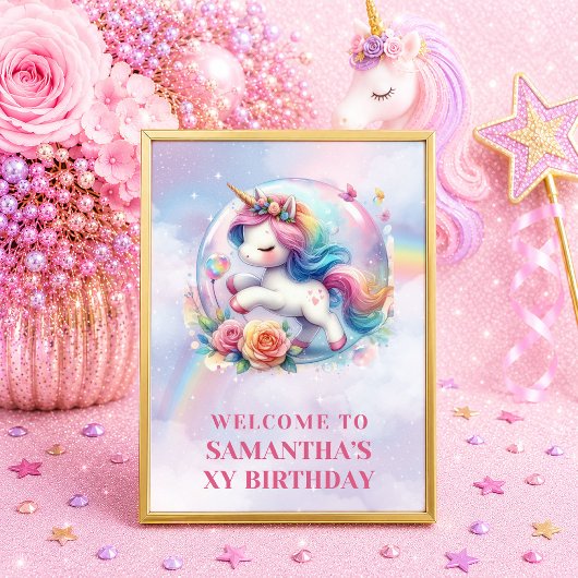 Affiche de bienvenue Licorne Rose Violet Rêveuse F