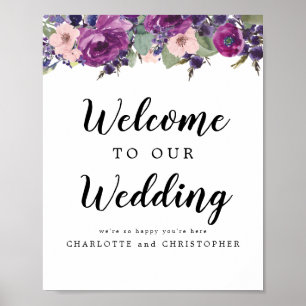 Affiche de bienvenue mariage aux fleurs violettes