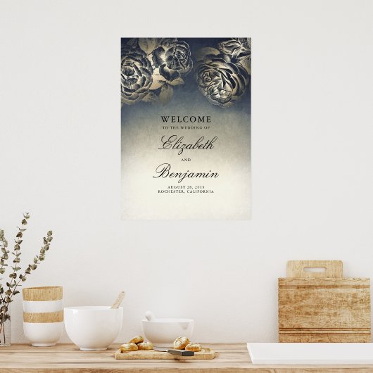 Affiche de bienvenue Mariage bleu marine et or Flo (Cuisine)