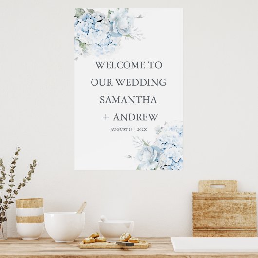 Affiche de bienvenue Mariage Blue Hydrangea imprim (Cuisine)