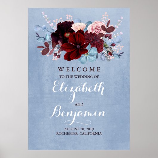 Affiche de bienvenue Mariage Burgundy et Dusty Blu (Devant)