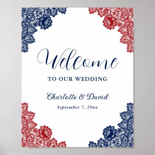 Affiche de bienvenue Mariage de dentelle bleu et r (Devant)