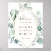 Affiche de bienvenue Mariage de feuillage vert géo (Devant)