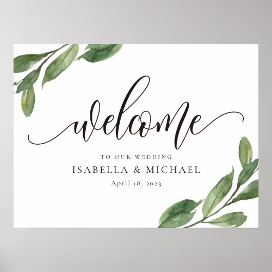 Affiche de bienvenue Mariage de feuilles vertes (Devant)