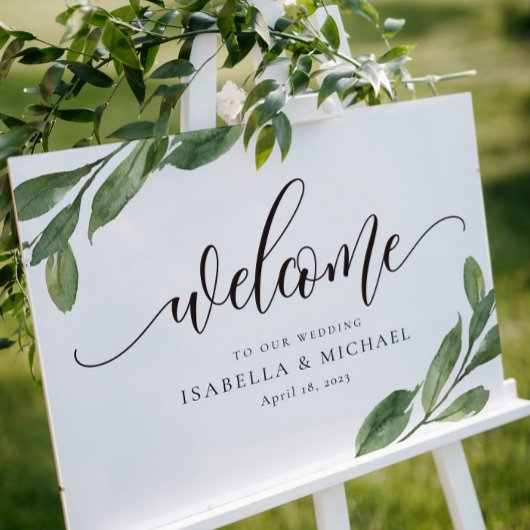 Affiche de bienvenue Mariage de feuilles vertes