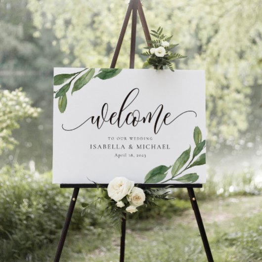 Affiche de bienvenue Mariage de feuilles vertes